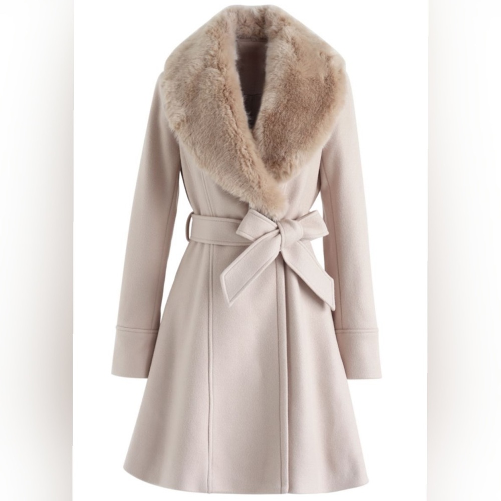 CHICWISH FAUX FUR COLLAR BELTED FLARE COAT (PINK)